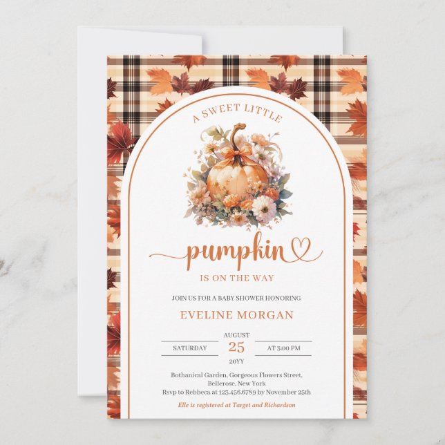 Invitación Acuarela Un pequeño calabaza dulce otoño chica flo (Anverso)