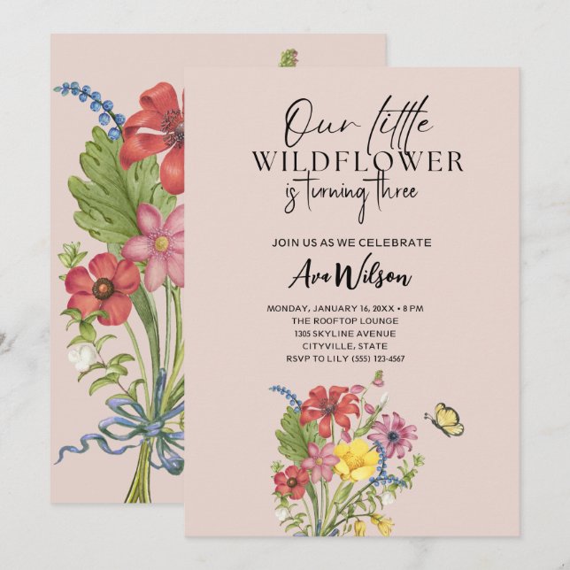 Invitación acuarela, un pequeño cumpleaños de flores silvestr (Anverso / Reverso)