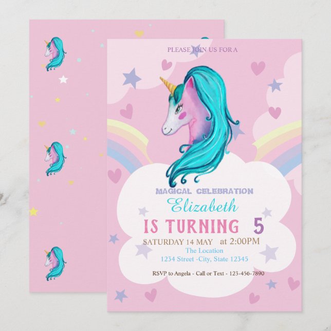 Invitación Acuarela Unicornio Arcoíris Estrellas Corazones Cu (Anverso / Reverso)