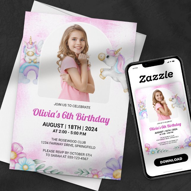 Invitación Acuarela Unicornio Chica arcoiris foto cumpleaños (Subido por el creador)