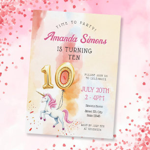 Invitación Acuarela Unicornio Globo Dorado Chica Cumpleaños 1