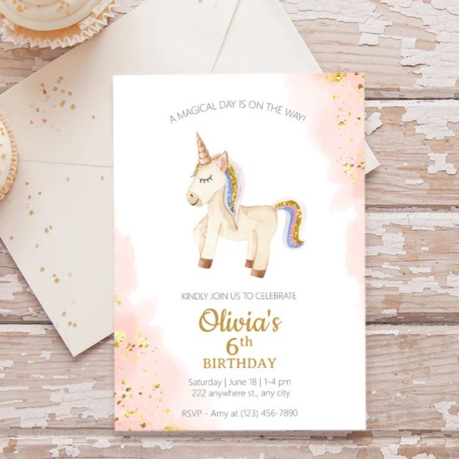 Invitación Acuarela Unicornio purpurina de oro pastel Cumplea (Subido por el creador)