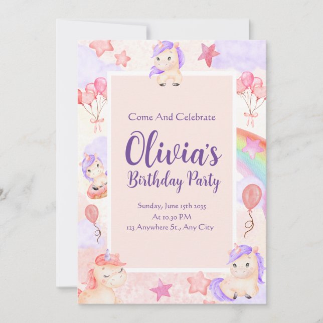 Invitación Acuarela Unicornios Globos Arcoiris Cumpleaños Ros (Anverso)