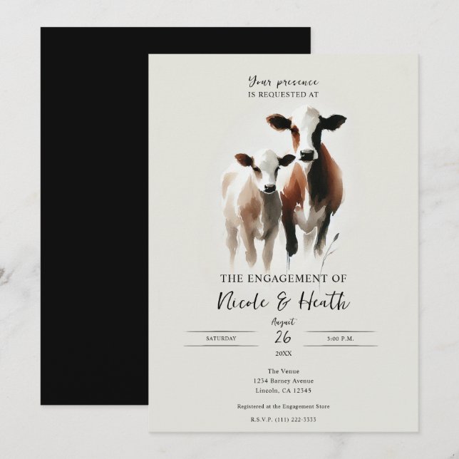 Invitación Acuarela Vacas Minimalista Fiesta de Compromiso Rú (Anverso / Reverso)