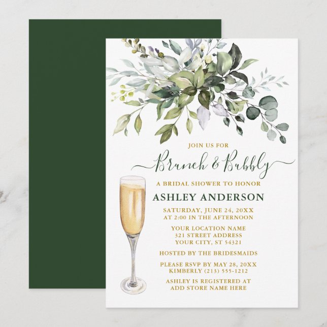 Invitación Acuarela Vegetación Botánica Dorada Brunch Bubbly (Anverso / Reverso)