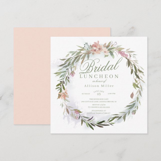 Invitación Acuarela Vegetación Floral Wreath Bridal Luncheon (Anverso / Reverso)