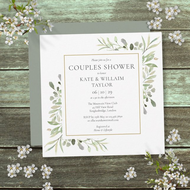 Invitación Acuarela Vegetación Parejas Baby Shower Sprinkle (Watercolor Greenery Couples Baby Shower Sprinkle Invitation)