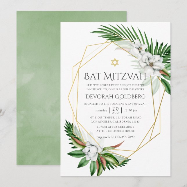 Invitación Acuarela Vegetación Tropical Gemométrica Bat Mitzv (Anverso / Reverso)
