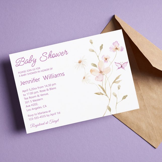 Invitación acuarela verano chica floral rosa ducha bebé (Subido por el creador)