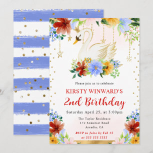 Invitación Acuarela Verano Flores Cisne Cumpleaños