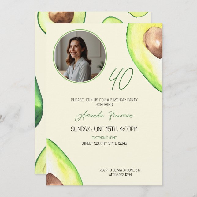 Invitación Acuarela Verde Aguacate Foto Cumpleaños (Anverso / Reverso)