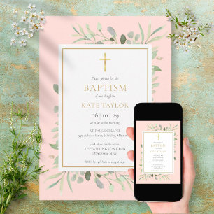 Invitación Acuarela Verde Bautizo Christening Rosa Blush
