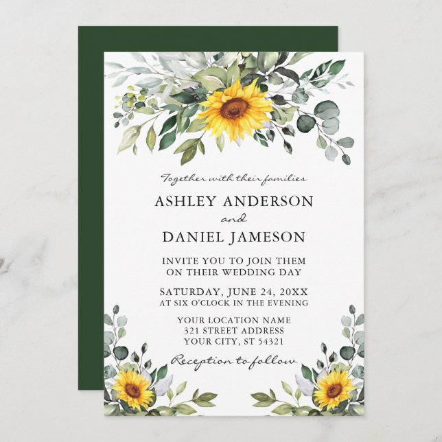 Invitación Acuarela Verde Botánico Boda de girasoles (Anverso / Reverso)
