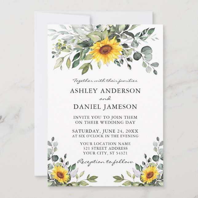 Invitación Acuarela Verde Botánico Boda girasoles (Anverso)