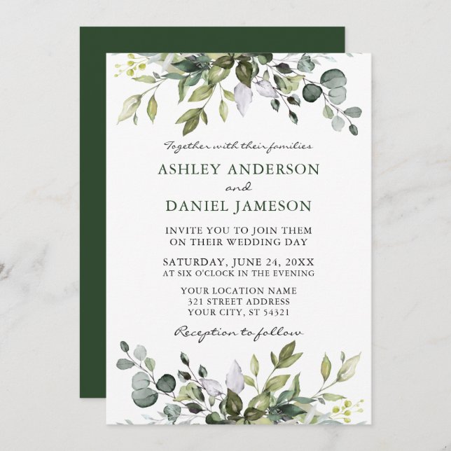 Invitación Acuarela Verde Botánico Boda moderno (Anverso / Reverso)