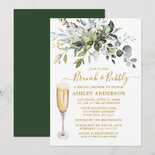 Invitación Acuarela Verde Botánico Brunch Bubbly Gold