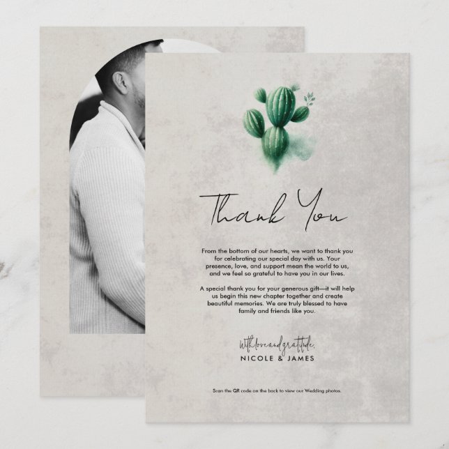 Invitación Acuarela Verde Cactus Gris Agradecimiento de Boda (Anverso / Reverso)
