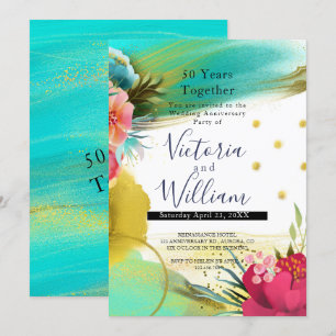 Invitación Acuarela Verde Claro Rosa Dorado 50 Aniversario