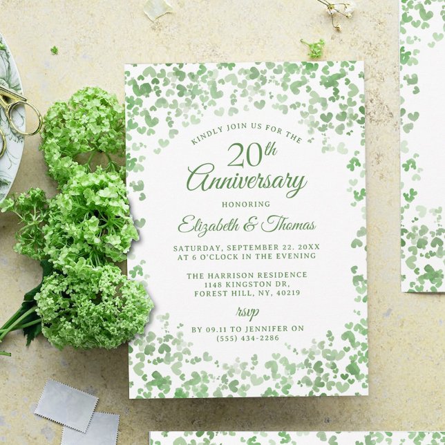 Invitación Acuarela verde Corazones 20° aniversario Boda (Subido por el creador)