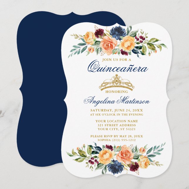 Invitación Acuarela Verde Floral Mezclada Quinceanera Azul (Anverso / Reverso)