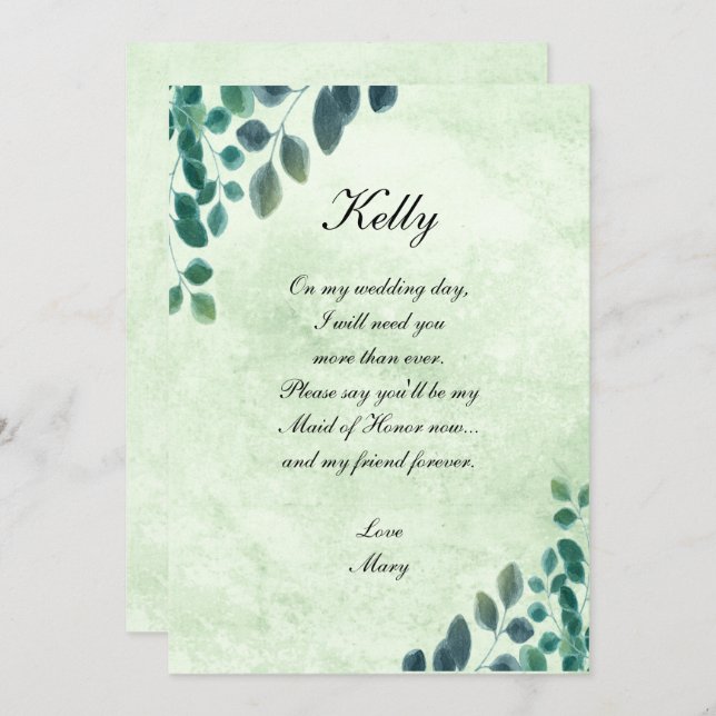 Invitación Acuarela Verde Hojas De Eucalipto Dama De Honor (Anverso / Reverso)