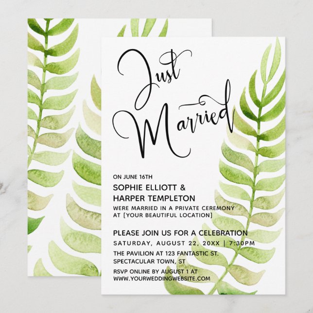Invitación Acuarela Verde Just Married Post-Boda (Anverso / Reverso)