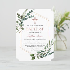 Invitación Acuarela Verde Rosa Bautismo Chica de oro