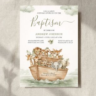 Invitación Acuarela Verde Salvia Lindo Arca de Noé Bautizo Ni