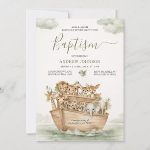 Invitación Acuarela Verde Salvia Lindo Arca de Noé Bautizo Ni
