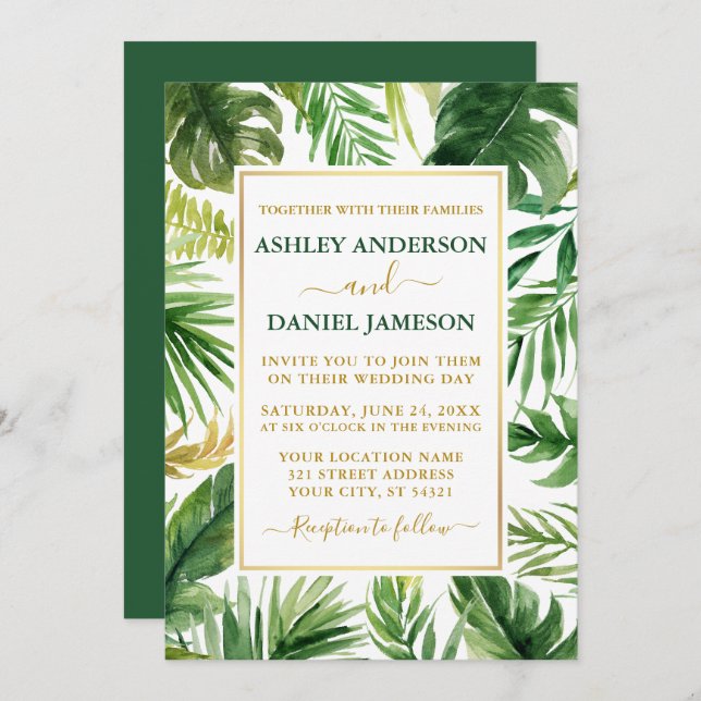 Invitación Acuarela Verde tropical Boda dorado verde (Anverso / Reverso)