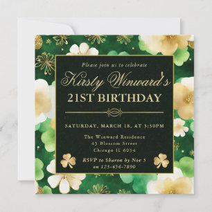 Invitación Acuarela Verde y Dorado Trebol de la Suerte Cumple
