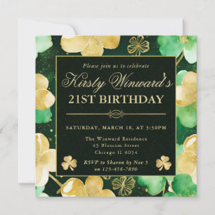 Invitación Acuarela Verde y Dorado Trebol de la Suerte Cumple
