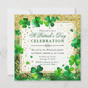 Invitación Acuarela Verde y Dorado Trébol Día de San Patricio