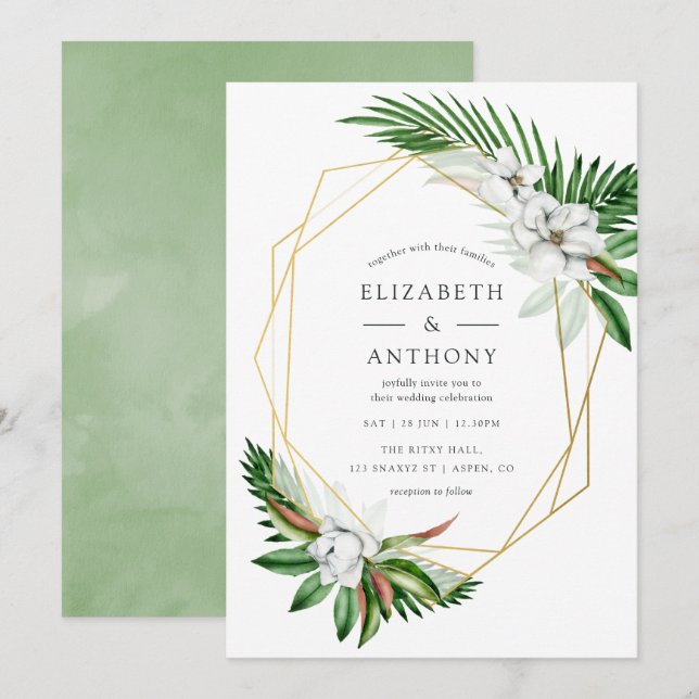 Invitación Acuarela Verdor tropical Boda geométrico (Anverso / Reverso)