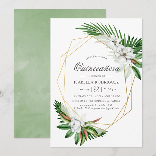 Invitación Acuarela Verdor tropical Geométrico Quinceañera (Anverso / Reverso)