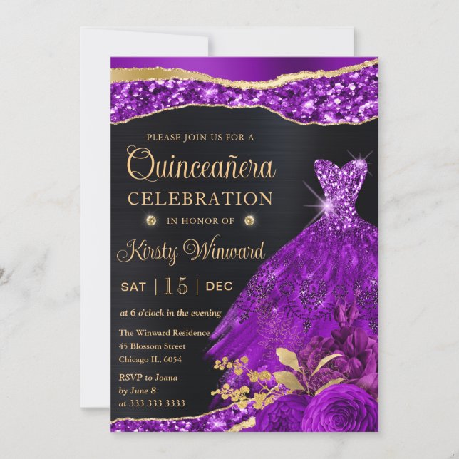 Invitación Acuarela Vestido Purpurina de oro púrpura Quincean (Anverso)