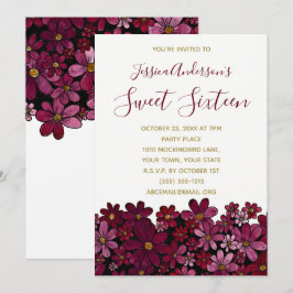 Invitación Acuarela Vino Floral Oro Dulce 16 Cumpleaños
