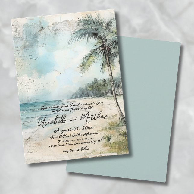 Invitación Acuarela Vintage en la Boda en la Playa (Vintage Rustic Elegant Tropical Beach Wedding Invitation)