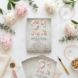 Invitación Acuarela Vintage Rosa Claro Peonía Cumpleaños 21