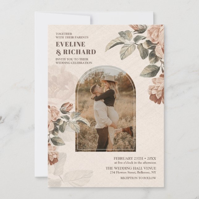 Invitación Acuarela vintage rosa de terracota verde (Anverso)