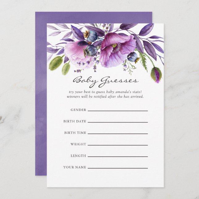 Invitación Acuarela Violeta Disquetera Floral Baby Shower Gue (Anverso / Reverso)