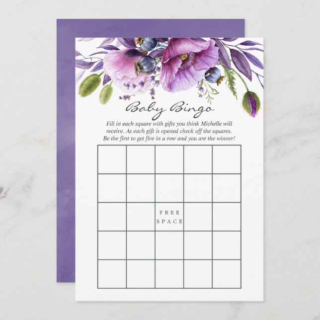 Invitación Acuarela Violeta Disquetera Floral Bingo de Baby S (Anverso / Reverso)