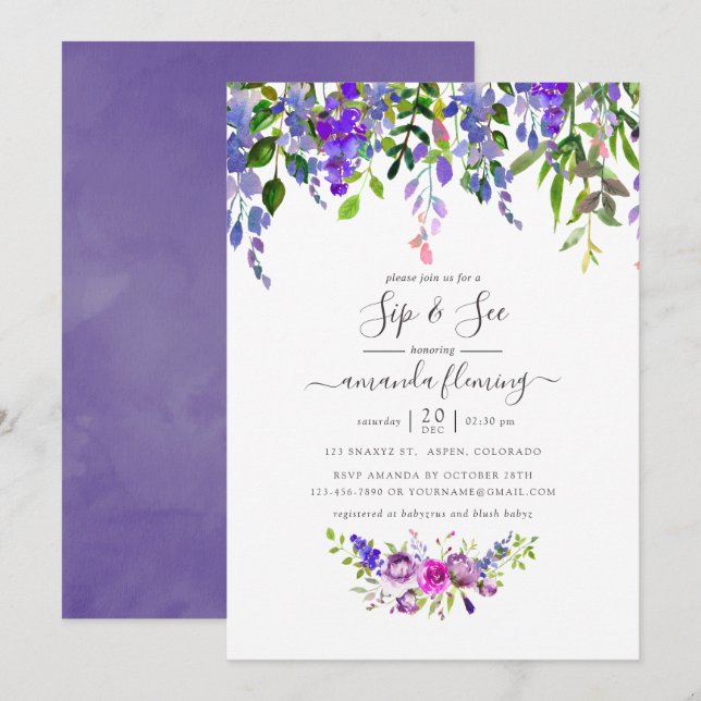 Invitación Acuarela Violeta Floral Sip y Ver (Anverso / Reverso)