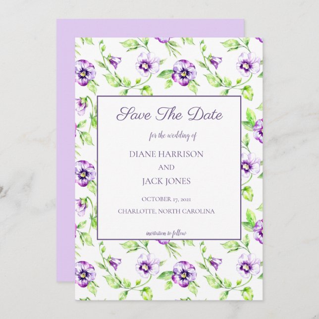 Invitación Acuarela Violetas Purpuras Salvan la Fecha (Anverso / Reverso)