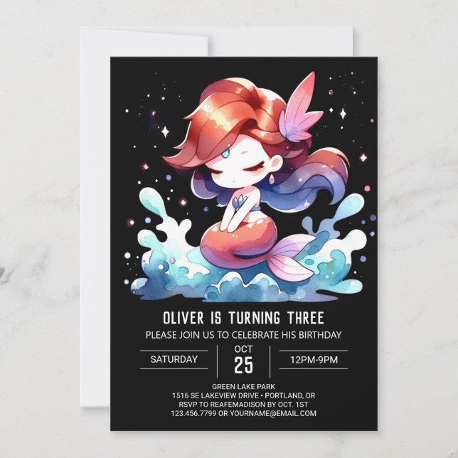Invitación Acuarela Whimsical Mermaid Cumpleaños (Anverso)