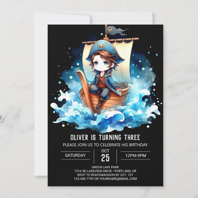 Invitación Acuarela Whimsical Pirate Birday (Anverso)