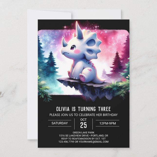 Invitación Acuarela Whimsical Triceratops Cumpleaños (Anverso)