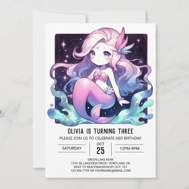 Invitación Acuarela Whimsy Mermaid Cumpleaños (Anverso)
