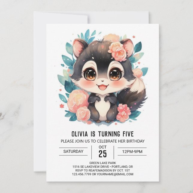 Invitación Acuarela Whimsy Skunk Cumpleaños (Anverso)