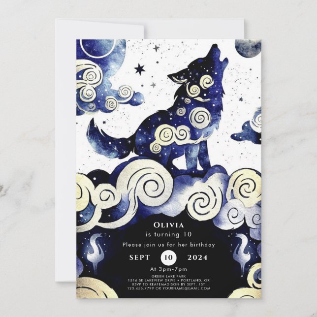 Invitación Acuarela Whimsy Wolf Birthday (Anverso)